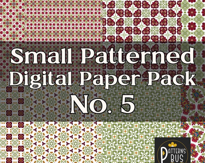 Small Patterned Digital Paper Pack No. 5 in hues of Red, Green and Cream – Printable Paper for Junk Journals - Non Directional Patterns