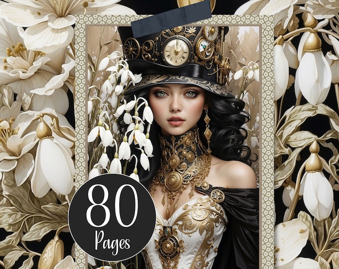 Printable Steampunk Snowdrop Spring Journal Kit Digital Journal Pages of Flowers, Floral Hearts, Perfume Bottles and Steampunk Ladies