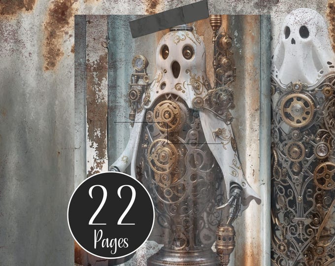 Grunge Halloween Digital Paper of Steampunk Ghosts and Pumpkins in hues of Sepia, Rust, Blue Grey and White | Printable Instant Download