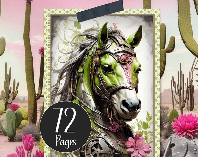 Steampunk Western Journal Kit Digital Papers Printable Craft Paper Pink and Lime Green, Cowboys, Cowgirls, Horses, Western Ephemera