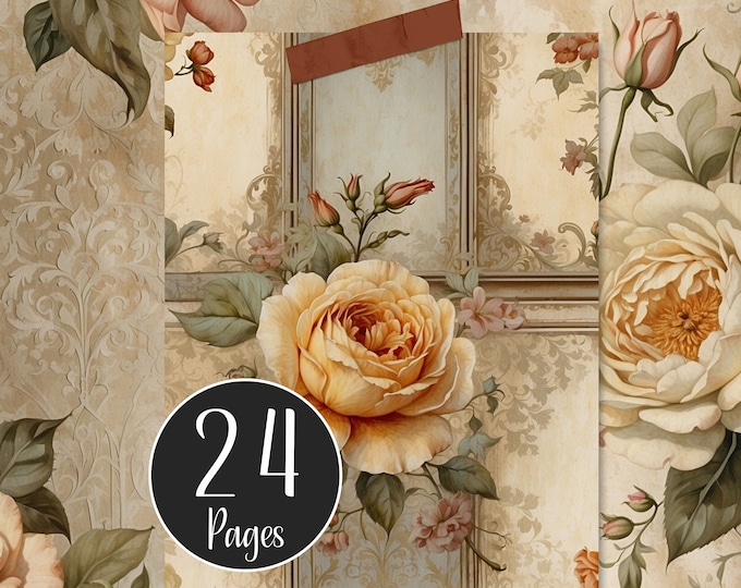 Peach Shabby Digital Paper Pack, French Style, Floral Junk Journal Pages, Decoupage, Scrapbooking and Card Making, Journal Printables
