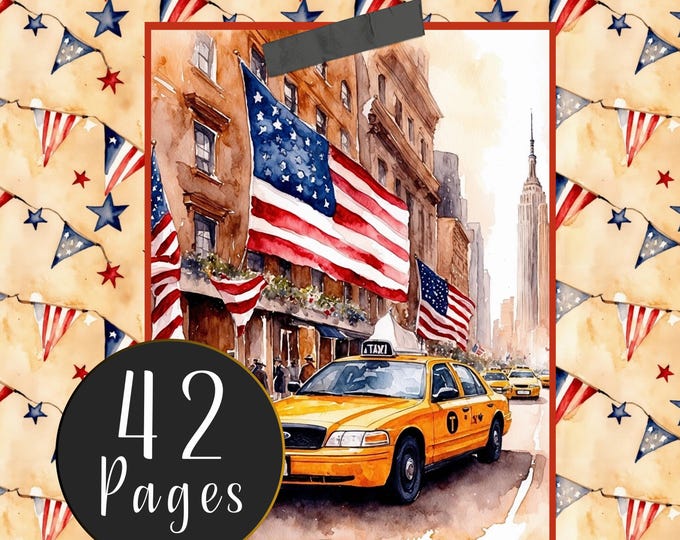 New York 4th July Independence Day Ephemera - 42 Pages for Junk Journals - Journal Cards, Tags, Pockets, Envelopes, Notebook Covers