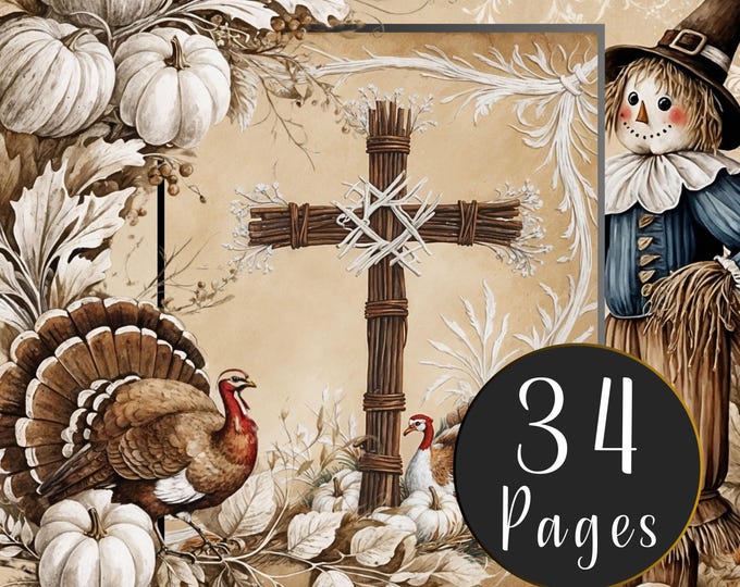 Thanksgiving Digital Paper Pack, Scarecrows, Turkeys, Pumpkins, Wicker Cross, Sunflowers, Fruit Baskets Digital Printable for Junk Journals