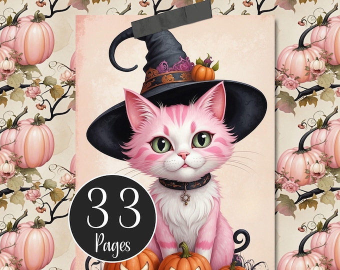 Pink Halloween Ephemera Pack for Junk Journals of Cute Cat's Wearing a Witches Hat - Digital Journaling Cards, Pockets, Tags, Envelopes