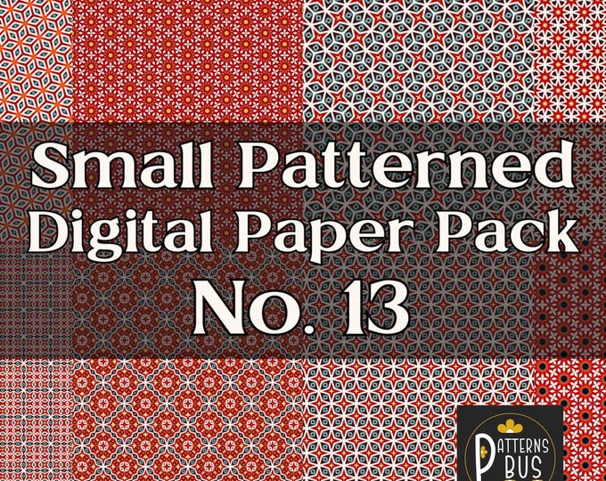 Small Patterned Digital Paper Pack No. 13 in hues of Red, Pink, Green Grey and Cream – Printable Pattern Paper for Junk Journals Download