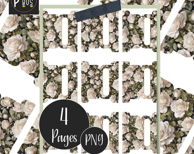 Printable Page Tabs, Floral Tabs for Bullet Journal, White Roses Planner Tabs, Organisation, Wedding Planning, Journal Add-ons, PNG Download
