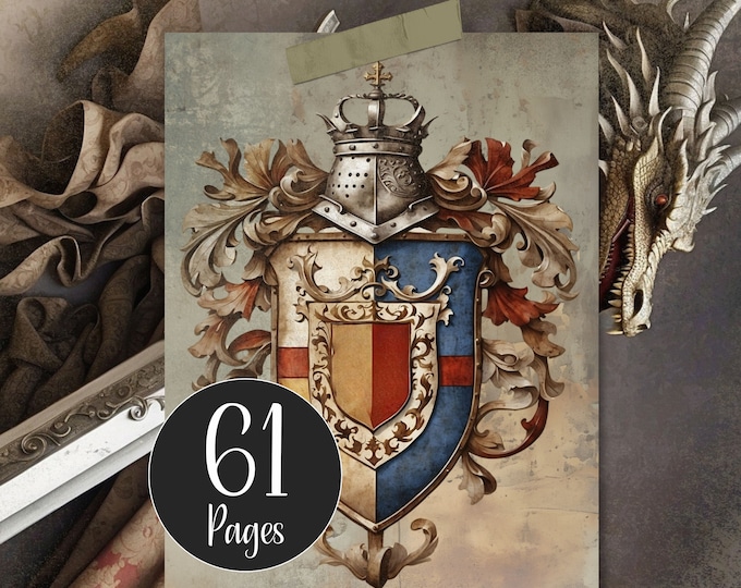 Printable Medieval Dragon Junk Journal Kit with Ephemera Futuristic Knights Digital Papers of Armour Crests Swords Middle Ages Digital Pages