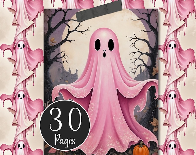 Pink Halloween Ephemera Pack of Pink Ghosts for Junk Journals  - Digital Journaling Cards, Pockets, Tags, Envelopes, Mini Notebook Covers