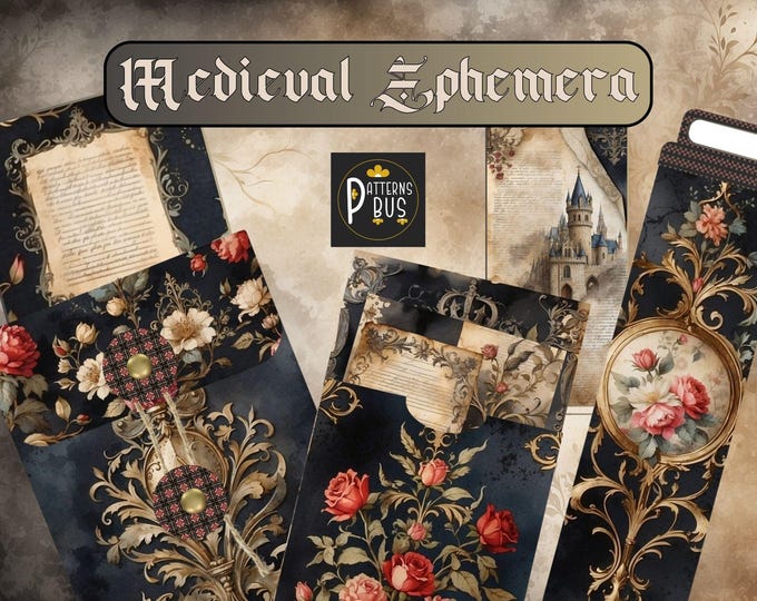Medieval Ephemera | Pocket with Policy Closure, Library Card Pocket, Bookmark, Mini Notebook Cover, Tags and Journal Cards, Instant Download