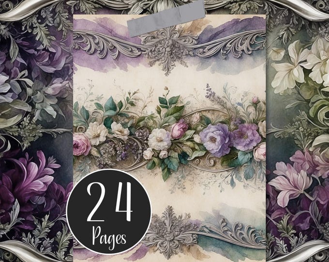 Purple Floral Digital Paper Pack for Junk Journal Pages | Vintage Shabby Style | Instant Download | Junk Journal Printable
