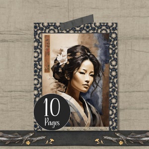Op de afbeelding: Een aquarel van een vrouw met donker haar en een witte bloem in haar haar. Ze draagt een traditionele Japanse kimono. Het schilderij is omlijst met een zwarte en gouden rand. De tekst "10 Pagina's" staat in een cirkel linksonder in de afbeelding.