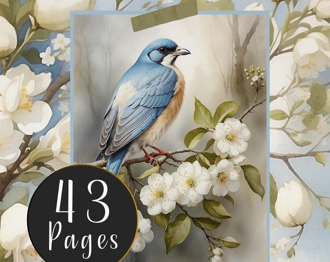 Blue Spring Ephemera for Junk Journals with Blue Garden Birds and Pear Blossom, Digital Printable, Instant Download