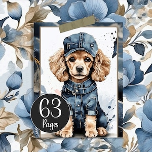 Poodles In Denim Junk Journal Kit with Ephemera | Poodle Dog Digital Paper Pack | Dogs, Florals and Denim | Dog Printables for Papercrafts