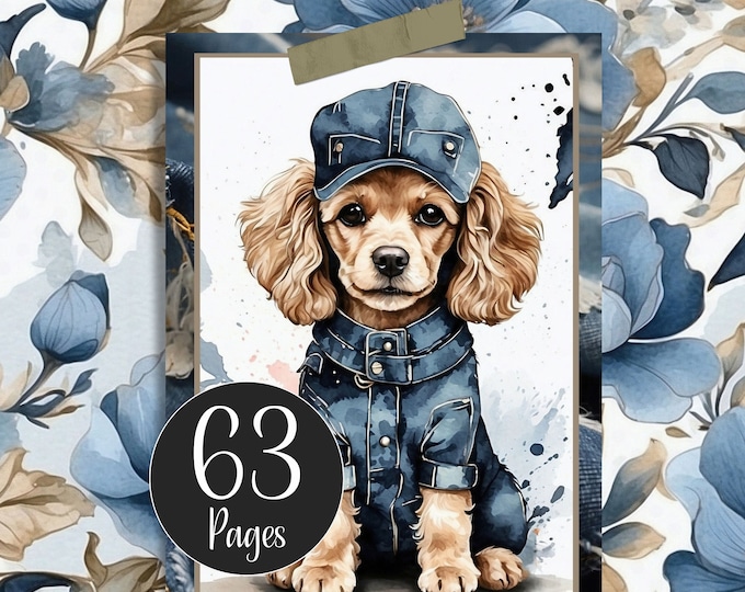 Poodles In Denim Junk Journal Kit with Ephemera | Poodle Dog Digital Paper Pack | Dogs, Florals and Denim | Dog Printables for Papercrafts