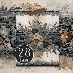 Black Floral Digital Paper Pack, Vintage Junk Journal Pages, Decoupage, Scrapbooking and Card Making, Journal Printables