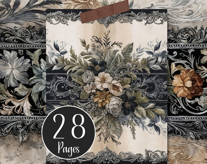 Black Floral Digital Paper Pack, Vintage Junk Journal Pages, Decoupage, Scrapbooking and Card Making, Journal Printables