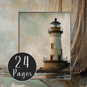 Vintage Sea Digital Paper Pack, Nautical Digital Printable for Junk Journals, Maritime Sea and Beach Scenes Boats, Lighthouses, Fishing Nets