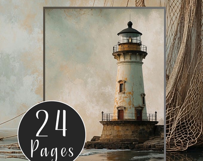 Vintage Sea Digital Paper Pack, Nautical Digital Printable for Junk Journals, Maritime Sea and Beach Scenes Boats, Lighthouses, Fishing Nets