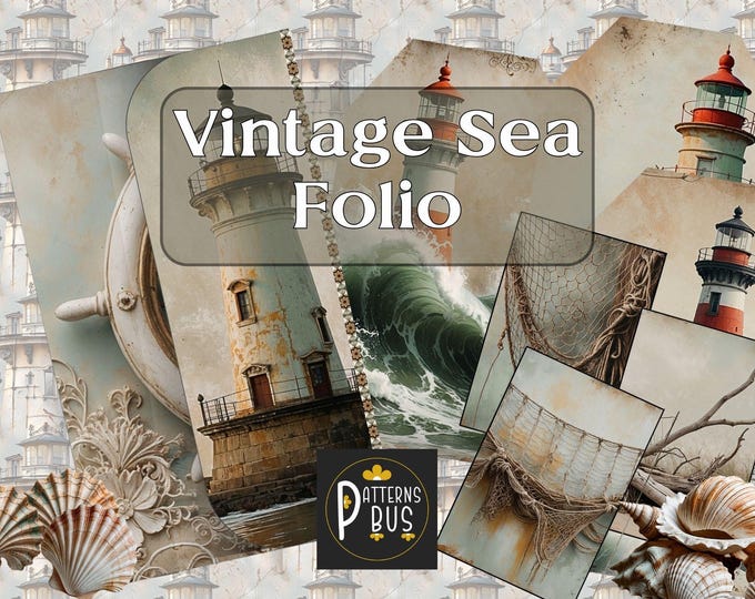 Vintage Sea Folio, Nautical Digital Printable for Junk Journals, Maritime Sea and Beach Scenes with Boats, Lighthouses, Fishing Nets