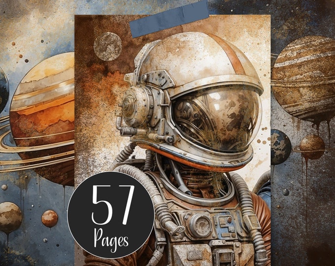 Grunge Space Junk Journal Kit, Digital Papers Printable Craft Paper Space, Journal Pages of Astronauts, Cosmonauts, Aliens, Rockets, Planets