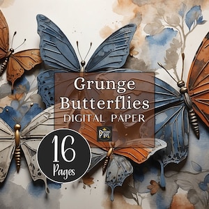 Printable Grunge Butterflies Junk Journal Pages, Butterfly Scrapbook Paper in Sepia, Rust and Indigo Blue, Digital Paper, Instant Download
