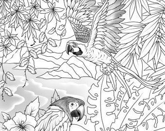 Paradise Parrots - Printable Adult Coloring Page from Favoreads (Coloring book pages for adults and kids, Coloring sheets, Coloring designs)