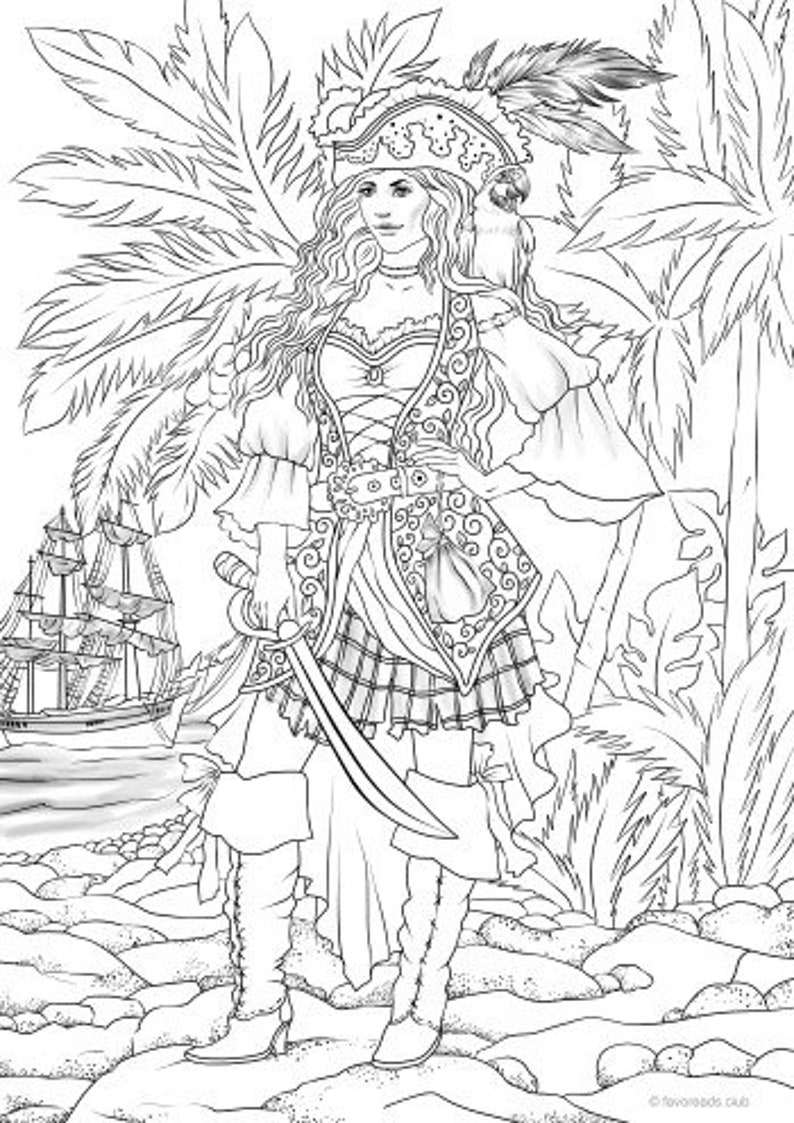 Download Pirate Girl Printable Adult Coloring Page from Favoreads | Etsy