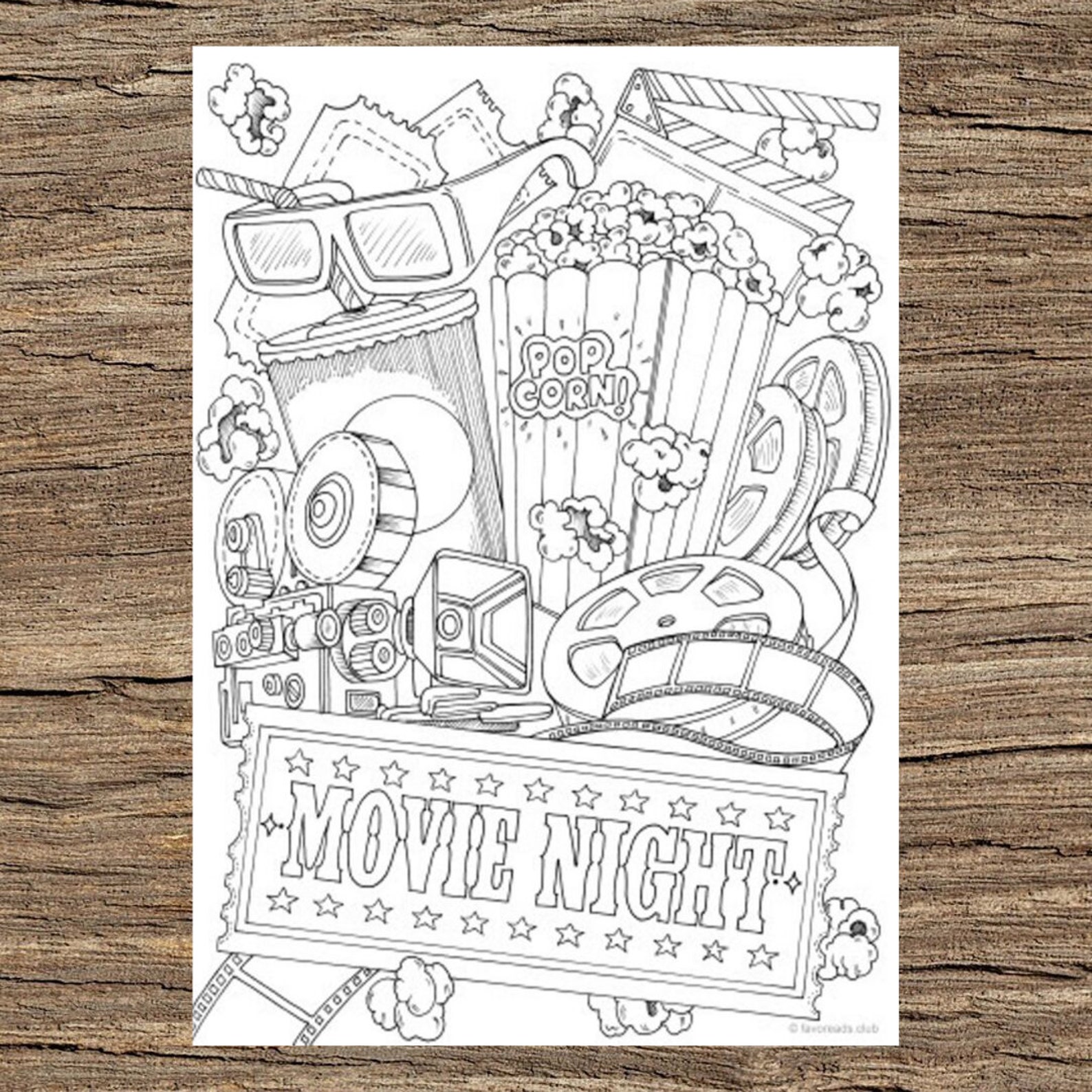 Movie Night Printable Adult Coloring Page from Favoreads Etsy
