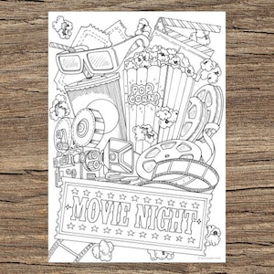 Movie Night - Printable Adult Coloring Page from Favoreads (Coloring book pages for adults and kids, Coloring sheets, Colouring designs)