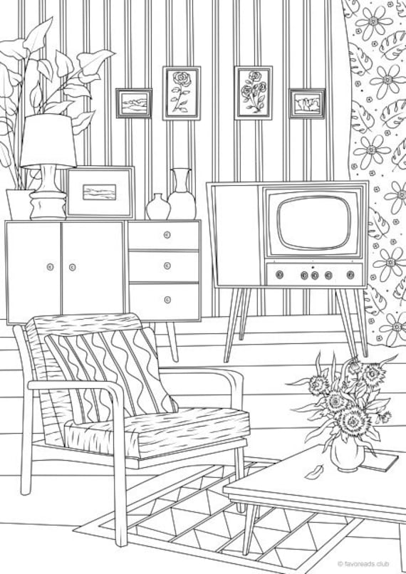 Download Retro Living Room Printable Adult Coloring Page from | Etsy
