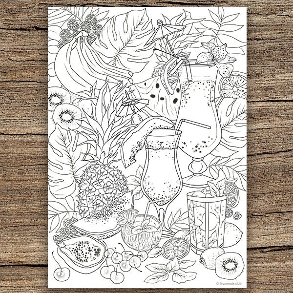 Fruit Cocktails - Printable Adult Coloring Page from Favoreads (Coloring book pages for adults and kids, Coloring sheets, Colouring designs)
