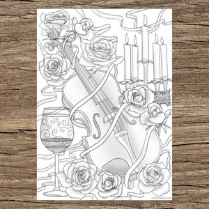 Violin and Flowers  - Printable Adult Coloring Page from Favoreads (Coloring book pages for adults, Coloring sheets, Coloring designs)