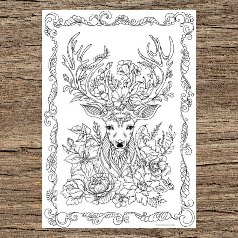 Fantasy Deer Printable Adult Coloring Page from Favoreads Coloring book pages for adults and kids, Coloring sheets, Coloring designs image 1