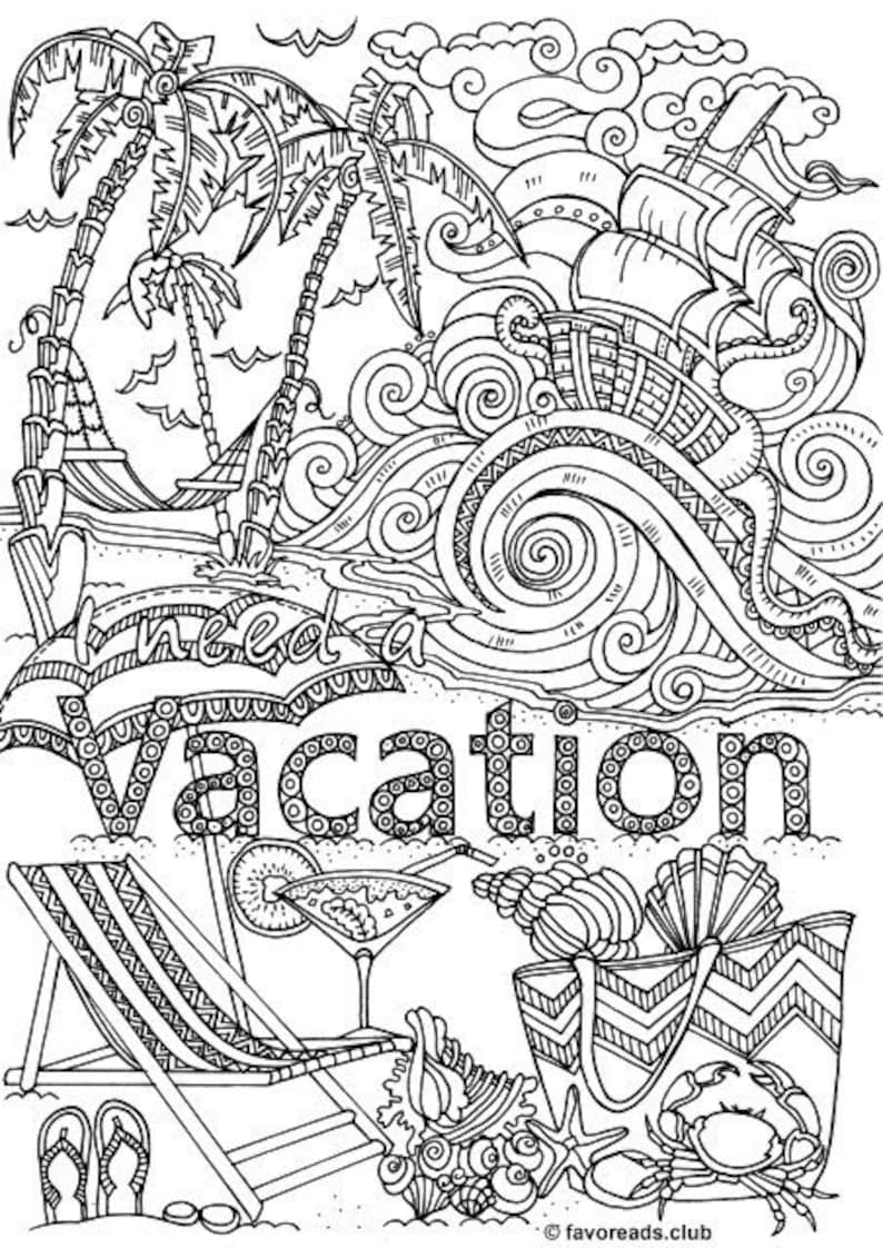 Vacation Printable Adult Coloring Page from Favoreads | Etsy