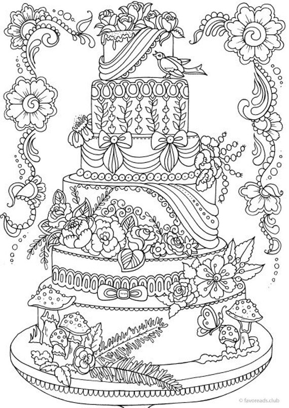 Cake Printable Adult Coloring Page from Favoreads Coloring | Etsy