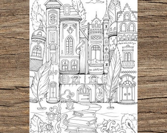 Book Houses - Afdrukbare kleurplaat voor volwassenen van Favoreads (boekpagina's kleuren voor volwassenen en kinderen, kleurplaten, kleurontwerpen)