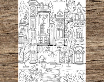 Book Houses - Printable Adult Coloring Page from Favoreads (Coloring book pages for adults and kids, Coloring sheets, Colouring designs)