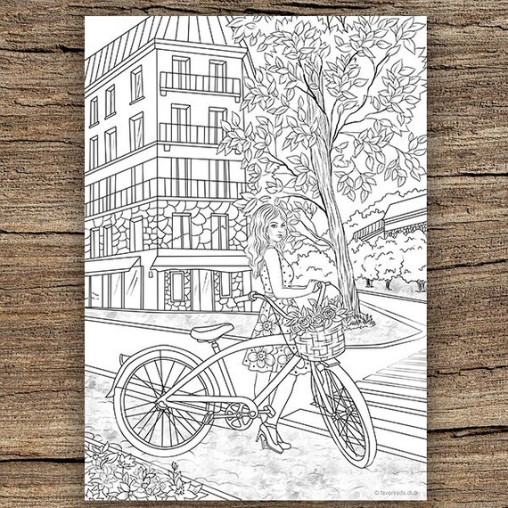 cycling in the city printable adult coloring page from etsy india