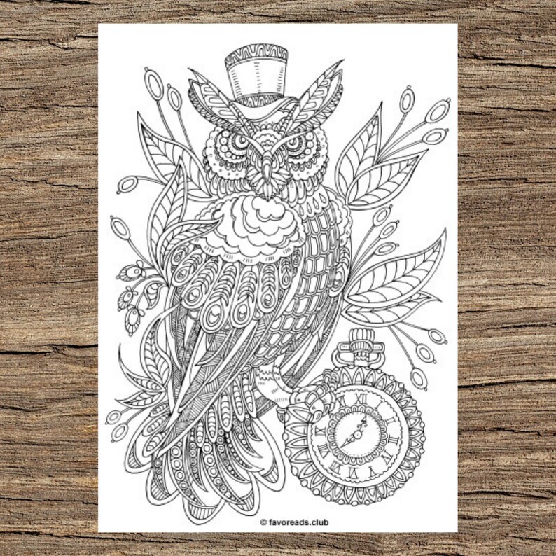 Steampunk Owl Printable Adult Coloring Page From Favoreads | Etsy