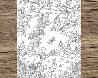 Chica en los columpios - Página para colorear imprimible para adultos de Favoreads (Páginas de libros para colorear para adultos y niños, Hoja para colorear, Diseño para colorear)