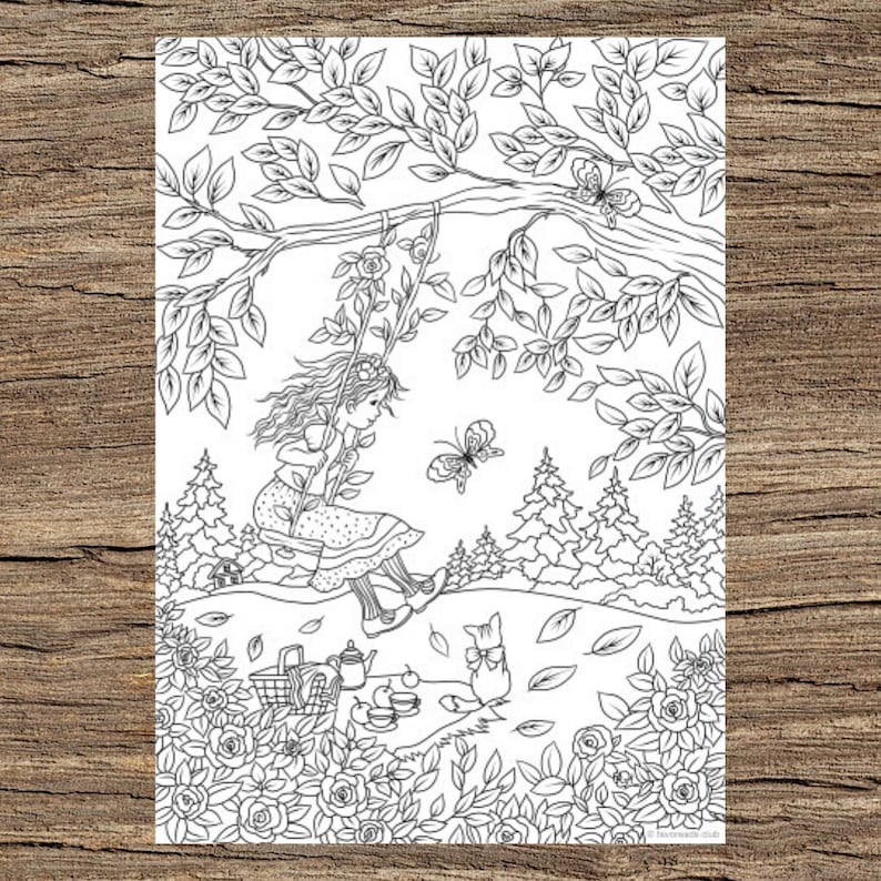 May include: A black and white line drawing of a girl swinging on a rope swing in a forest. She is wearing a dress with polka dots. There is a cat sitting on the ground below her, and a picnic basket with teacups and a teapot.