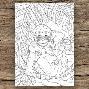 Op de afbeelding: Een zwart-witte lijntekening van een aap met een zonnebril en een Hawaiiaans overhemd, die ontspant in een hangmat in een tropische jungle-omgeving.