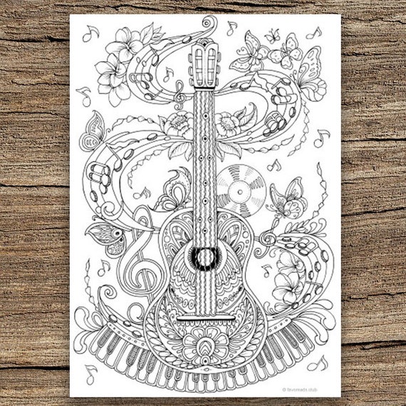 Guitar Printable Adult Coloring Page From Favoreads Coloring Etsy