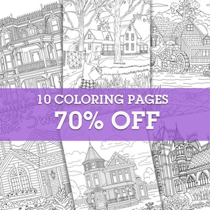 Beautiful Houses Bundle -  10 Printable Adult Coloring Pages from Favoreads (Coloring book page for adults, Coloring sheet, Coloring design)