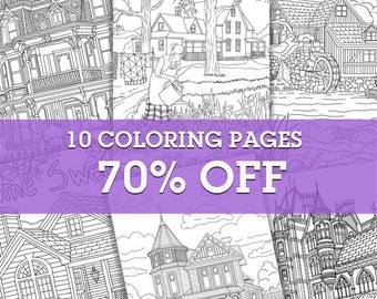 Beautiful Houses Bundle -  10 Printable Adult Coloring Pages from Favoreads (Coloring book page for adults, Coloring sheet, Coloring design)