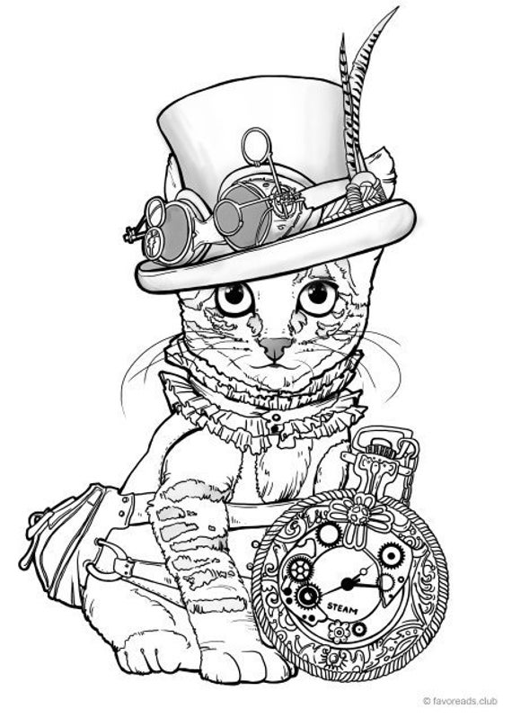 Steampunk Cat Printable Adult Coloring Page from Favoreads Etsy