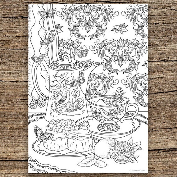 Tea Set Printable Adult Coloring Page From Favoreads - Etsy Finland