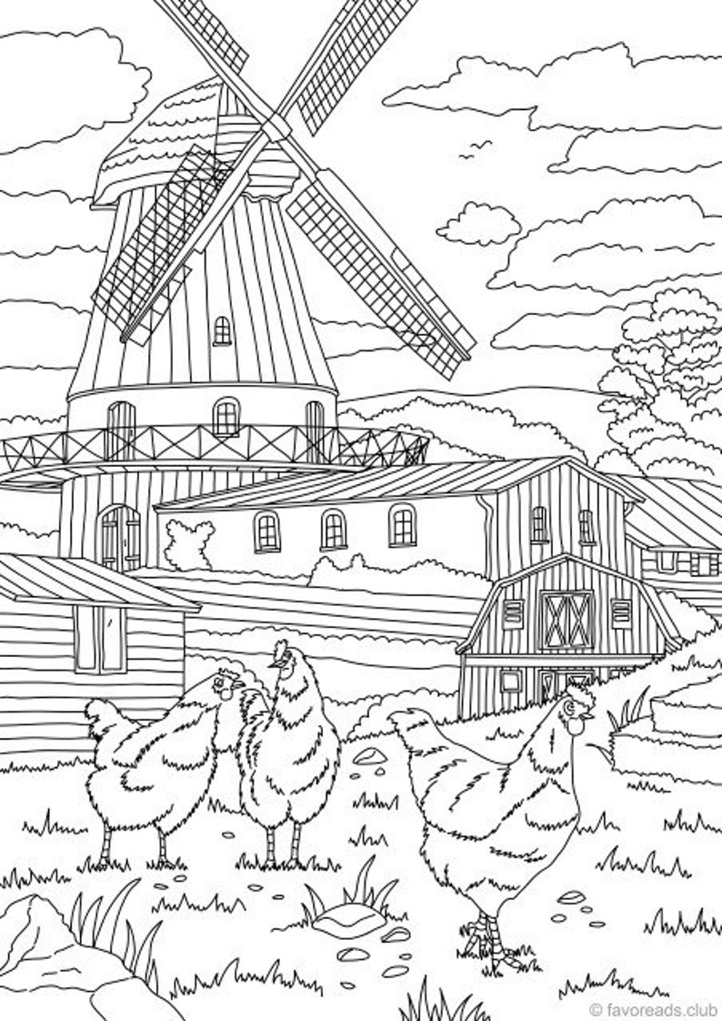 Country Mill Printable Adult Coloring Page from Favoreads Coloring book pages for adults and kids, Coloring sheets, Coloring designs image 1