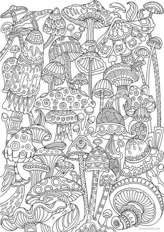 Mushrooms Printable Adult Coloring Page from Favoreads Etsy