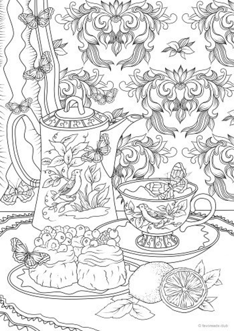 Download Tea Set Printable Adult Coloring Page from Favoreads | Etsy
